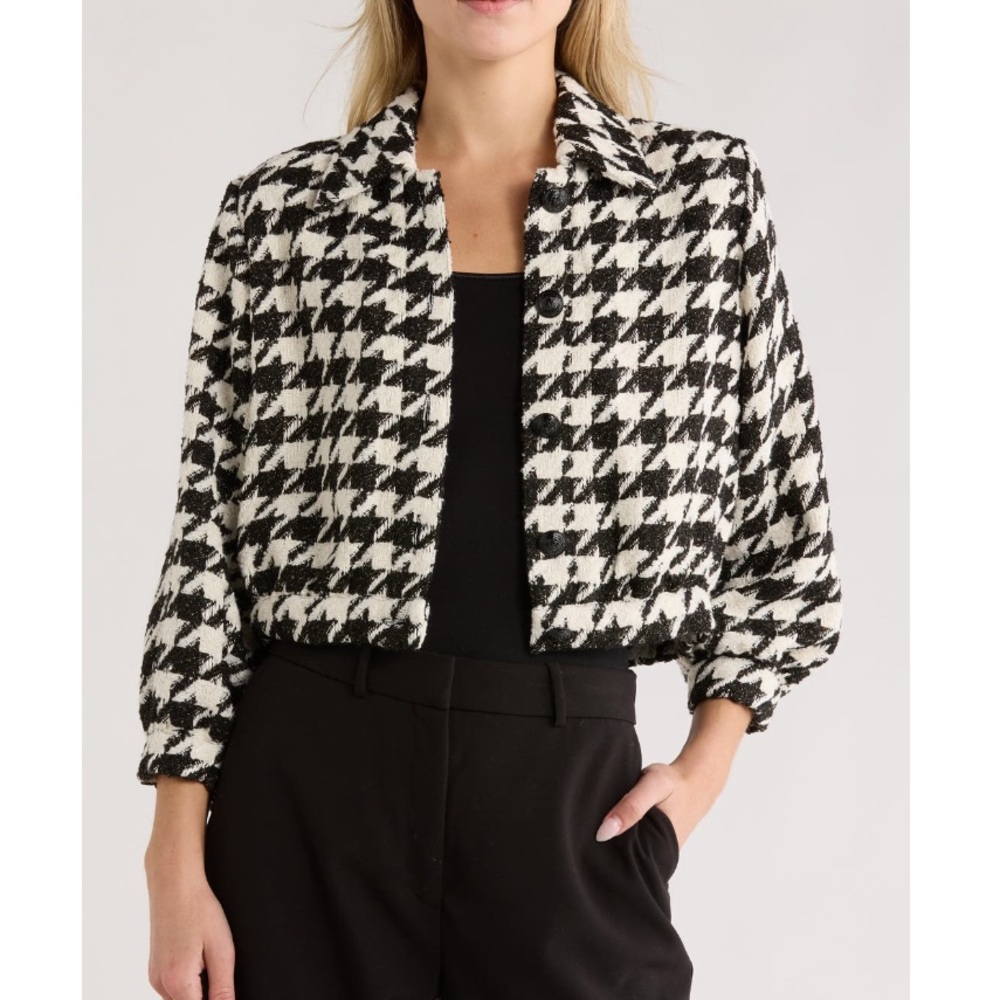 L’Agence Bridges Crop Metallic Woven Black White Houndstooth Blazer Jacket 8 - Picture 2 of 10